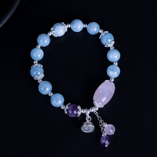 Mythstone 925 Sterling Silver Natural Aquamarine Amethyst Lotus Healing Charm Bracelet