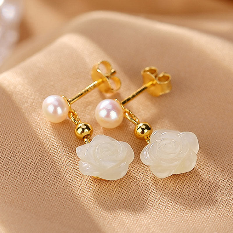 Mythstone 925 Sterling Silver Plated Gold Jade Rose Flower Cyan Jade Pearl Luck Earrings