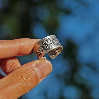 Mythstone 999 Sterling Silver Luck Koi Fish Lotus Heart Sutra Wealth Ring