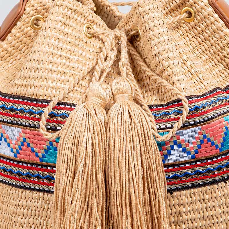 Mythstone Beach Geometry Straw Woven Bucket Tassels Crossbody Bag Shoulder Bag