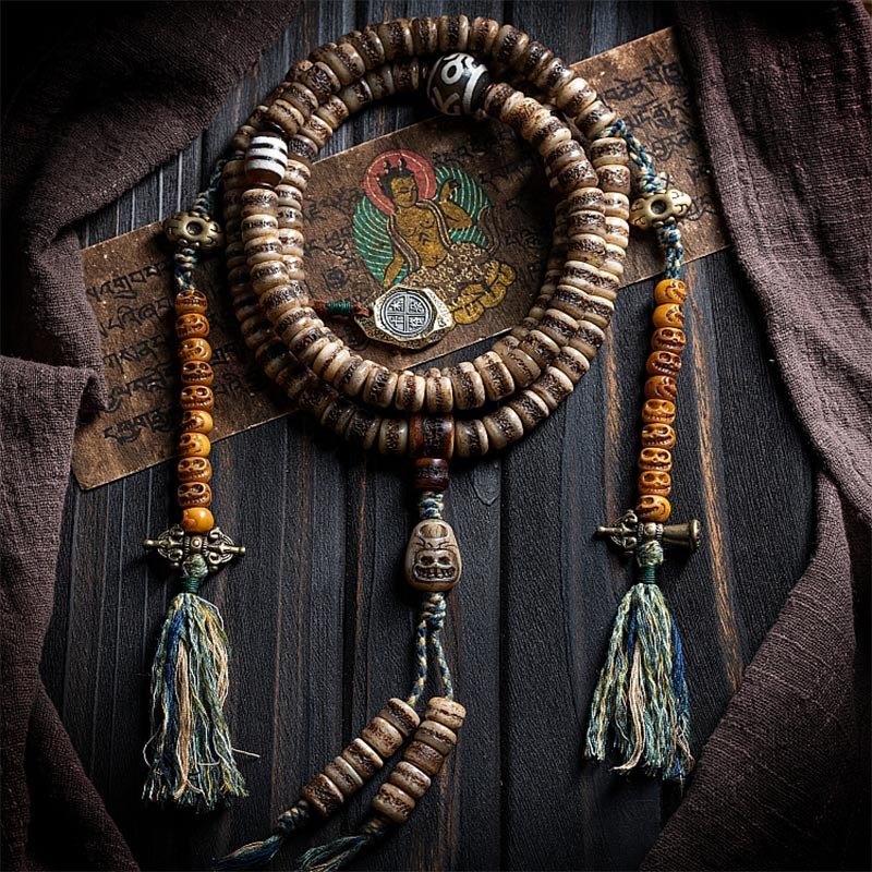 MythStone Tibetan 108 Mala Beads Yak Bone Dzi Bead The Lord of the Corpse Forest Strength Bracelet