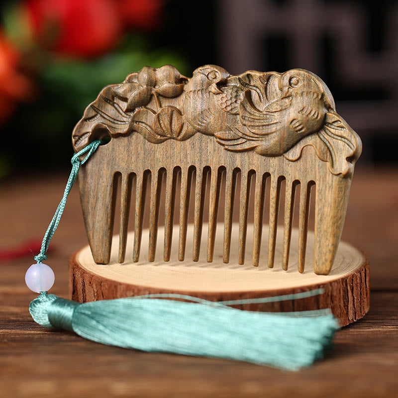 Mythstone Green Sandalwood Fox Peony Flower Lotus Engraved Cure Tassel Comb