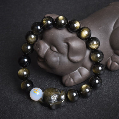 Mythstone Natural Rainbow Obsidian Gold Sheen Obsidian Silver Sheen Obsidian Fox Healing Bracelet