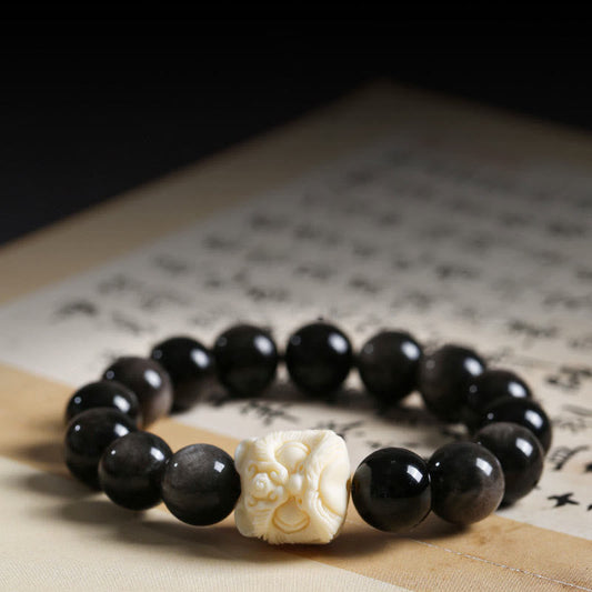 Mythstone Silver Sheen Obsidian Bodhi Seed Ivory Fruit Dancing Lion Protection Bracelet