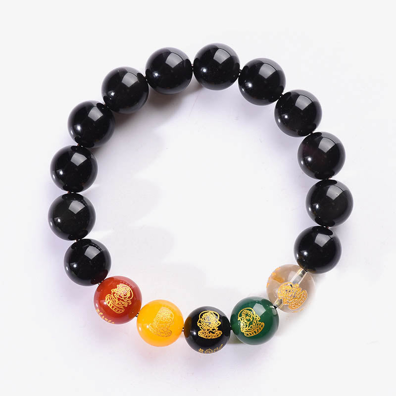 Mythstone Gold Sheen Obsidian Rainbow Obsidian Black Obsidian Five Directions Gods of Wealth Bracelet