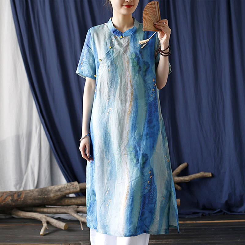 Mythstone Ramie Blue Digital Printing Cheongsam Dresses Short Sleeve Linen Dress