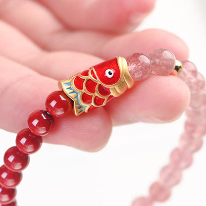 Pulsera curativa de pez koi de la suerte con cuarzo fresa natural Mythstone y cinabrio