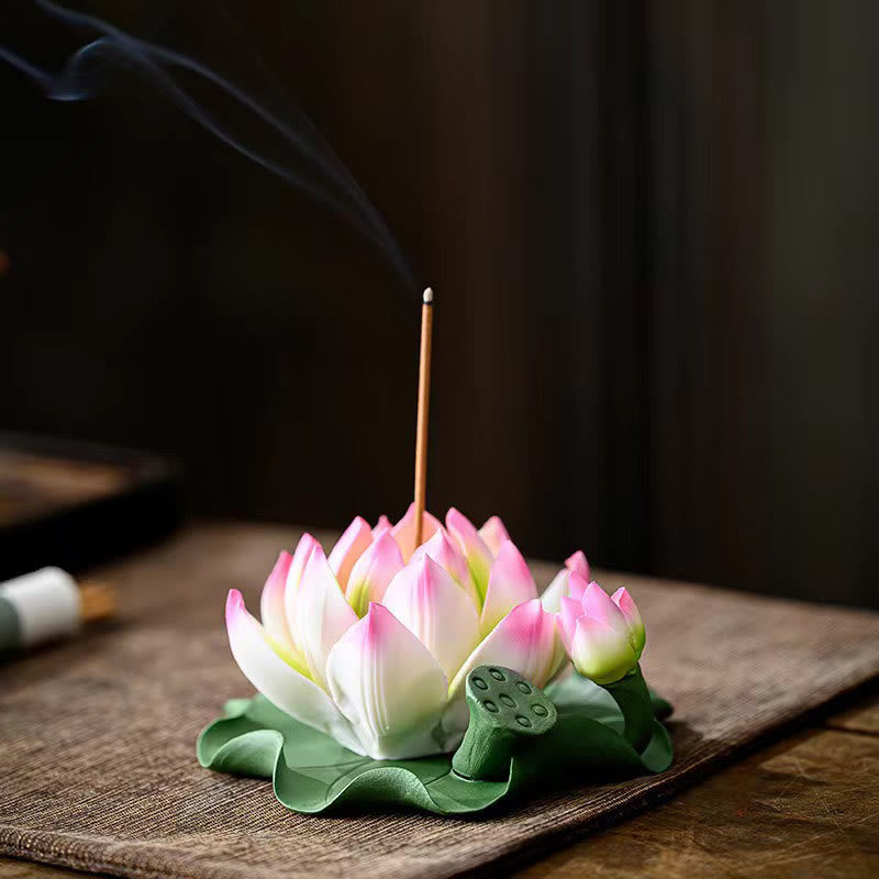 Mythstone Lotus Flower Leaf Pod Spiritual Healing Ceramic Stick Incense Burner Decoration