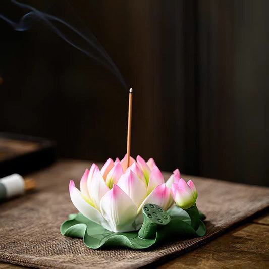 Mythstone Lotus Flower Leaf Pod Spiritual Healing Ceramic Stick Incense Burner Decoration