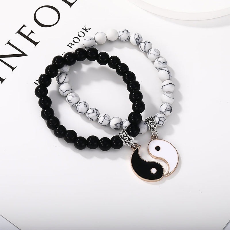 Pulsera de pareja con protección Yin Yang y cuentas de turquesa blanca y ónix negro de MythStone, 2 piezas 