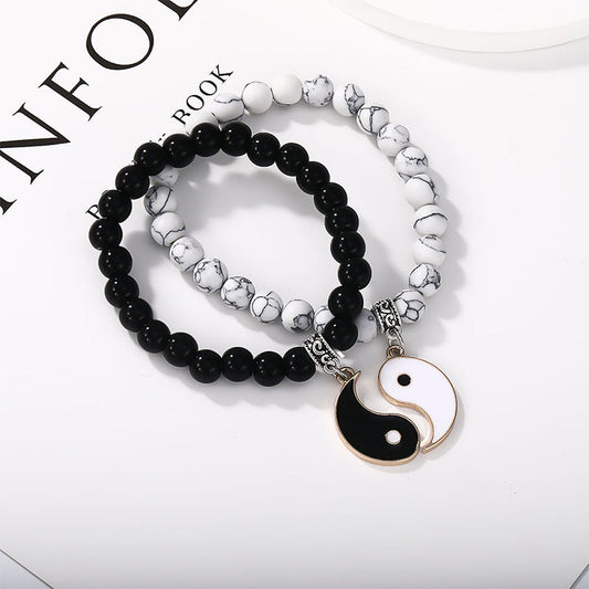 MythStone 2Pcs Black Onyx White Turquoise Bead Yin Yang Protection Couple Bracelet