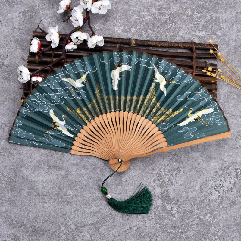 Mythstone Vintage Cloud Crane Pattern Handheld Bamboo Folding Fan