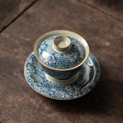 Mythstone Vintage Blue And White Porcelain Peach Blossom Lotus Peony Ceramic Gaiwan Sancai Teacup Kung Fu Tea Cup And Saucer With Lid