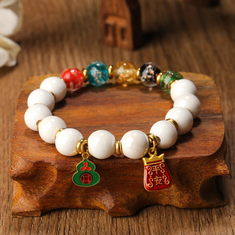 Mythstone Tibetan Incense Ash Porcelain Luminous Fluorescent Liuli Glass Bead Gourd Copper Coin Charm Peace Bracelet