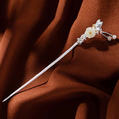 Mythstone 925 Sterling Silver Hetian White Jade Flower Blessing Hairpin