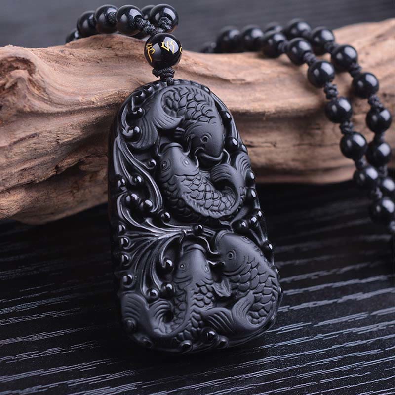 Mythstone Black Obsidian Koi Fish Engraved Strength Beaded Necklace Pendant