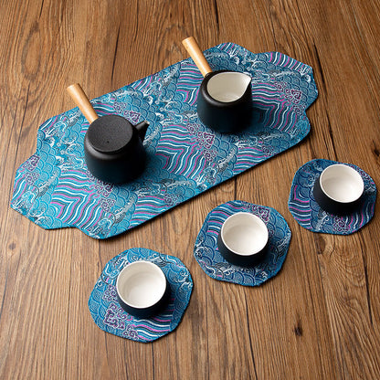 Posavasos para taza de té con brocado de flor de ciruelo y bambú con ondas marinas de Mythstone, posavasos para taza de té, tapete para té de kung fu