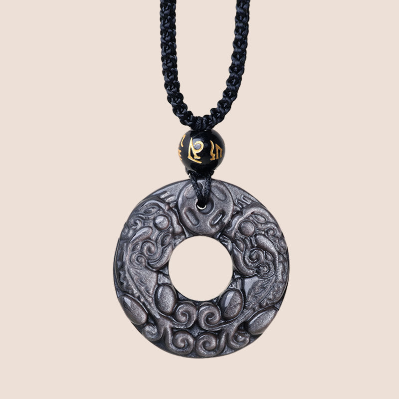 Mythstone Natural Silver Sheen Obsidian Double PiXiu Copper Coin Peace Buckle Protection Necklace Pendant