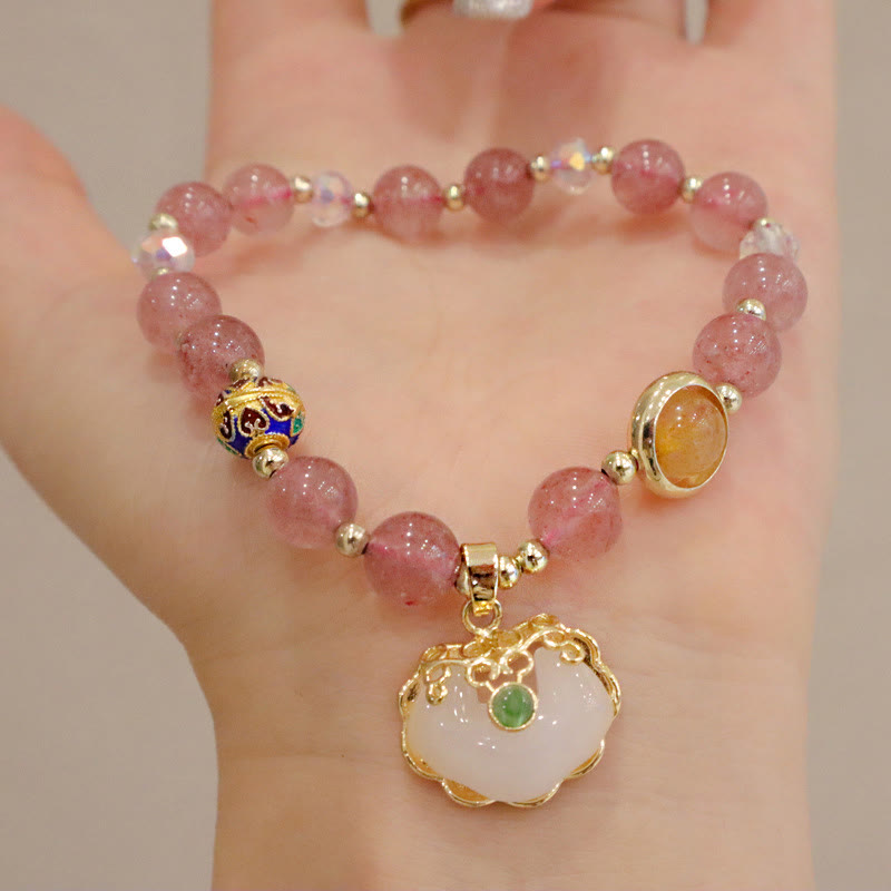 Mythstone Strawberry Quartz Green Crystal Amethyst Healing Chinese Lock Charm Bracelet