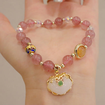 Mythstone Strawberry Quartz Green Crystal Amethyst Healing Chinese Lock Charm Bracelet