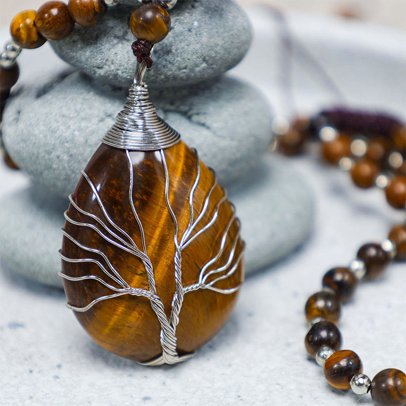 Mythstone Natural Tiger Eye Strength Beaded Pendant Necklace