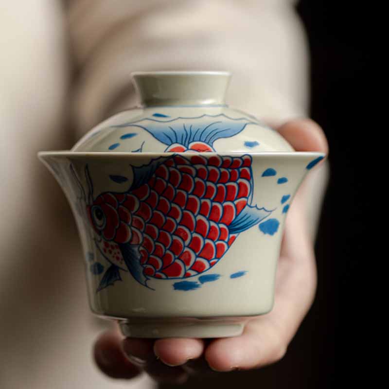 Mythstone Koi Fish Arowana Ceramic Gaiwan Sancai Teacup Kung Fu Tea Cup With Lid 130ml