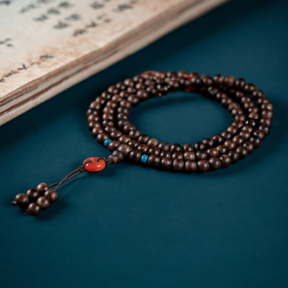 Mythstone 108 Mala Beads Kalimantan Agarwood Laughing Buddha Peace Buckle Red Agate Jade Strength Bracelet