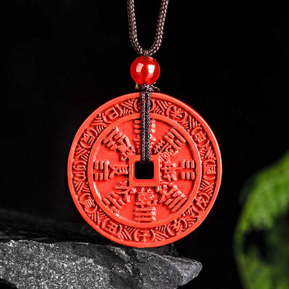 Mythstone Natural Cinnabar Mountain Ghosts Spend Money Bagua Design Blessing Necklace Pendant