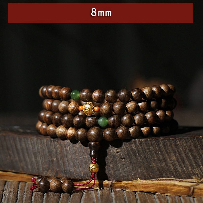 Mythstone 999 Gold 108 Mala Beads Kalimantan Agarwood Cyan Jade Six True Words Strength Bracelet