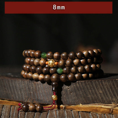 Mythstone 999 Gold 108 Mala Beads Kalimantan Agarwood Cyan Jade Six True Words Strength Bracelet