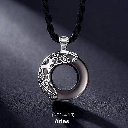 Mythstone 12 Constellations of the Zodiac Ice Obsidian Blessing Round Pendant Necklace