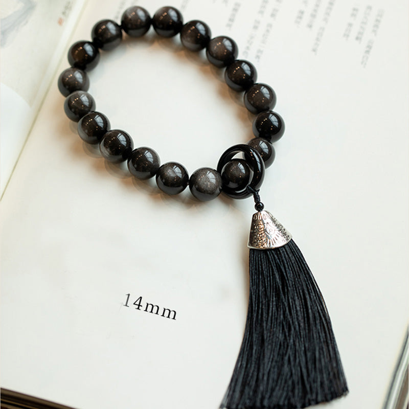 Mythstone Natural Silver Sheen Obsidian Black Obsidian Lion Wrist Mala Protection Tassels Pocket Mala Car Decoration