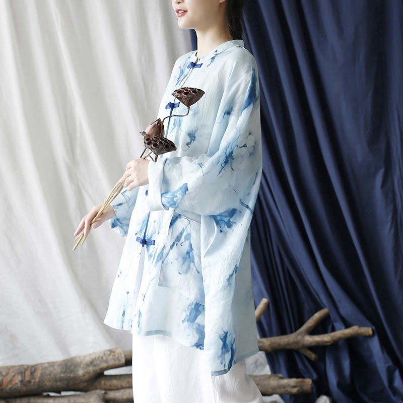 Mythstone Blue White Ink Printing Frog-button Design Long Sleeve Ramie Linen Jacket Shirt With Pockets