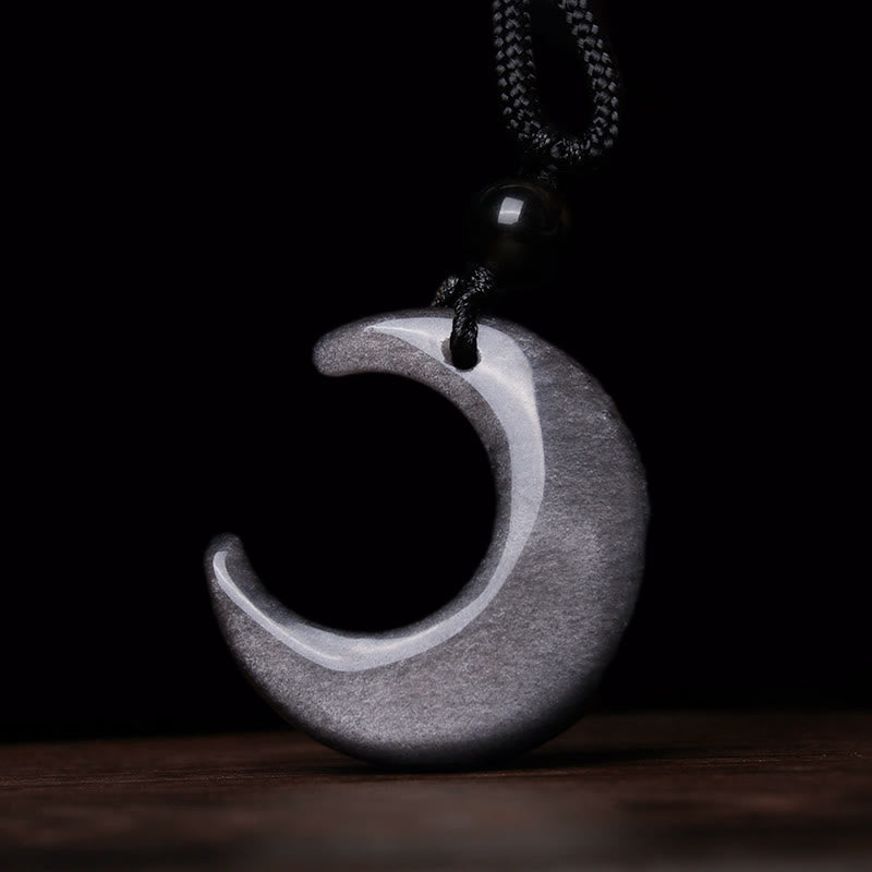 Mythstone Natural Silver Sheen Obsidian Selenite Crystal Crescent Moon Yin Yang Couple Protection Necklace Pendant