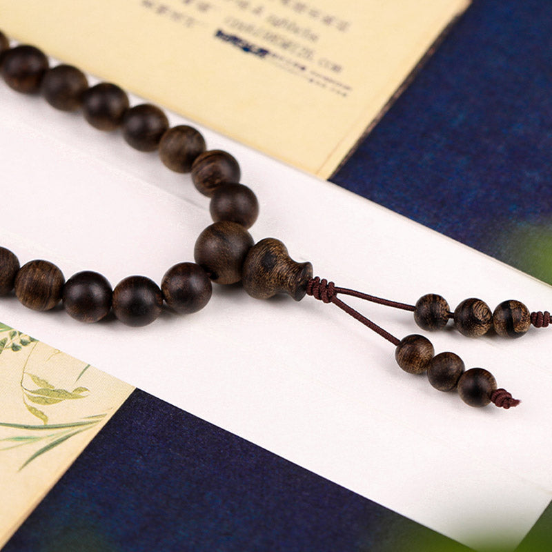 MythStone 108 Mala Beads Indonesia Tarakan Rare Agarwood Cyan Jade Ward Off Evil Spirits Bracelet