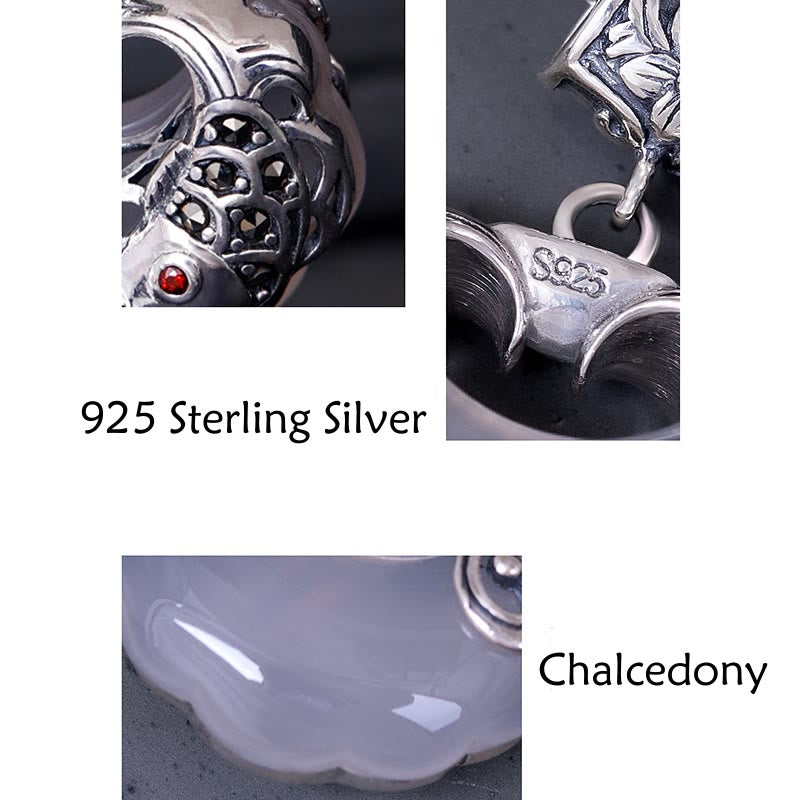 Mythstone 925 Sterling Silver Natural Chalcedony Lock of Good Wishes Koi Fish Luck Necklace Pendant