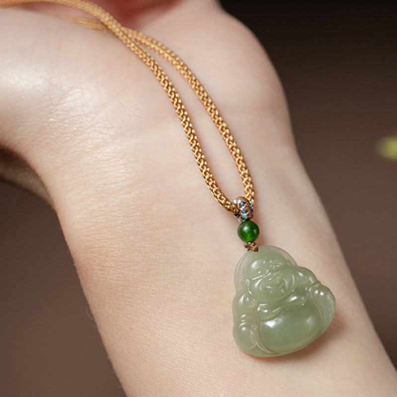 Mythstone Laughing Buddha Jade Lotus Prosperity String Necklace Pendant