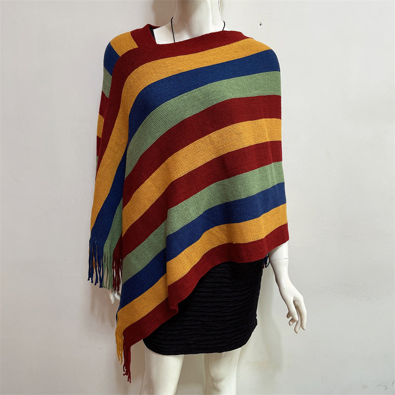 Mythstone Tibetan Colorful Striped Design Shawl Tassels Pullover Winter Cozy Travel Scarf Wrap