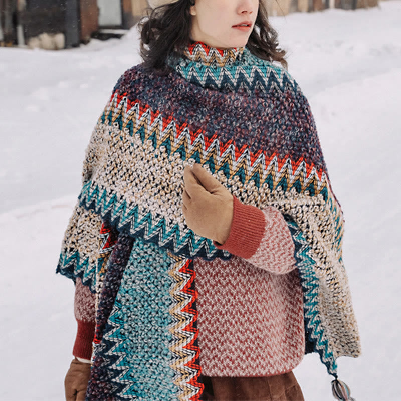 Chal tibetano Mythstone con estampado ondulado azul, beige y rojo, bufanda cálida con borlas para el invierno