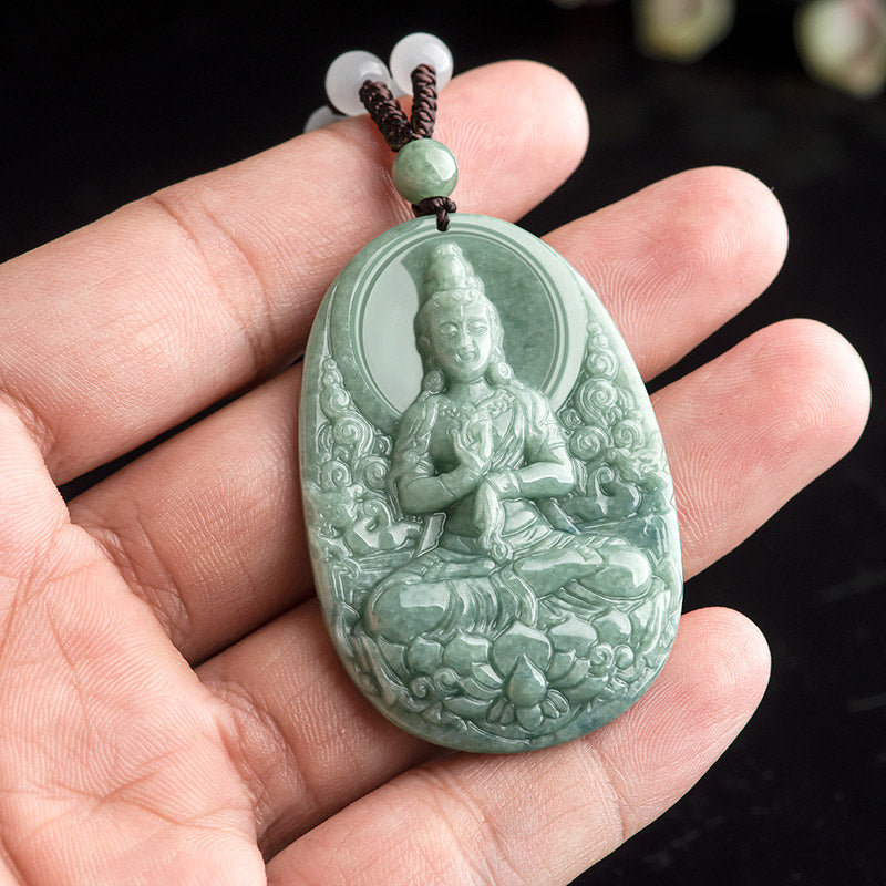 Mythstone Natural Jade Avalokitesvara Amulet Wealth Necklace Pendant