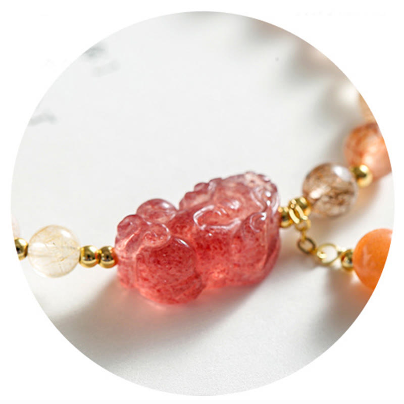 Mythstone Natural Rutilated Quartz Strawberry Quartz PiXiu Wealth Bracelet