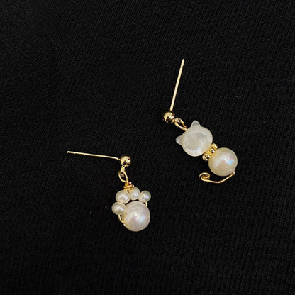 Mythstone Cute Cat Paw Pearl Wisdom Stud Drop Earrings