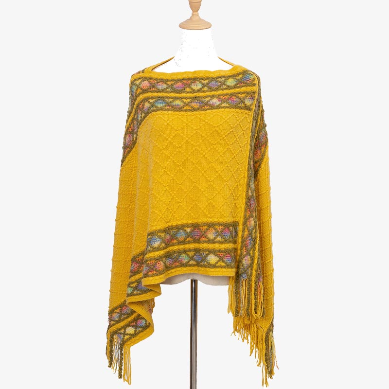 Mythstone Tibetan Colorful Striped Rhombus Pattern Shawl Tassels Pullover Winter Cozy Travel Scarf Wrap