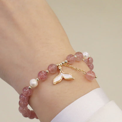 Mythstone Strawberry Quartz Pearl Elk Smiley Face Fishtail Fu Character Charm Healing Bracelet