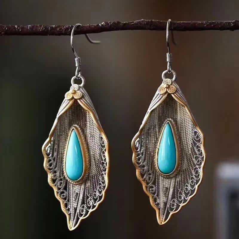 Mythstone 925 Sterling Silver Turquoise Bodhi Leaf Pattern Protection Drop Dangle Earrings