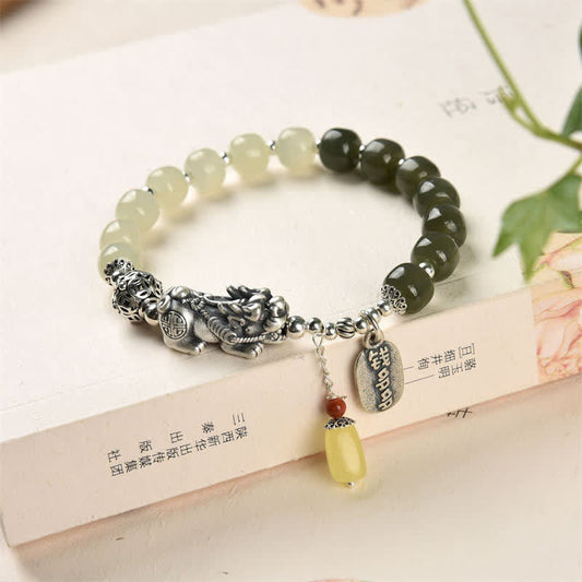 Mythstone 925 Sterling Silver Natural Hetian Jade Amber PiXiu Luck Bracelet