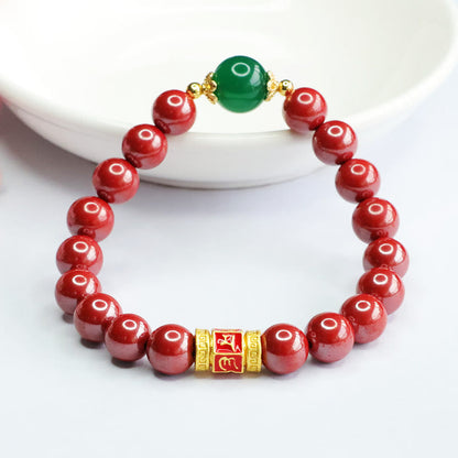 Mythstone Natural Cinnabar Green Agate Om Mani Padme Hum Pattern Blessing Bracelet