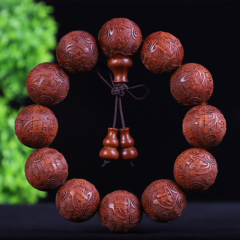 Mythstone Chinese Zodiac Rosewood Ebony Boxwood Copper Coin PiXiu Carved Warmth Bracelet