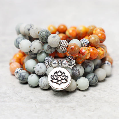 MythStone 108 Mala Beads Natural Stone Sea Sediment Jasper Lotus Protection Bracelet