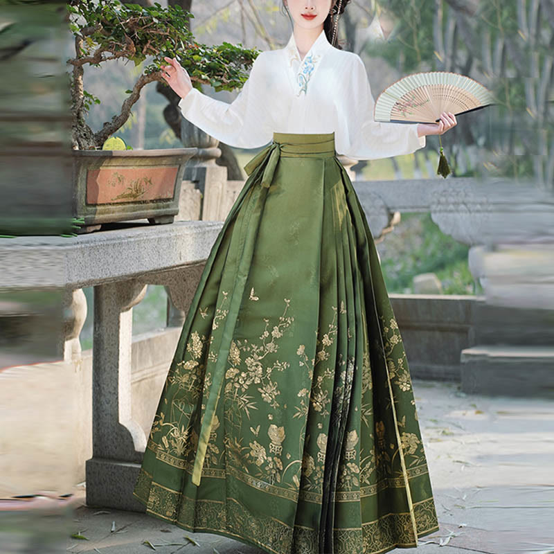 Mythstone Long Sleeve T-Shirt Top Tee Chinese Hanfu Flowers Horse Face Skirt Mamianqun